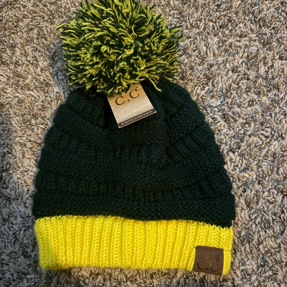 Beanie with Pom Pom - Dark Green and Bright Yellow